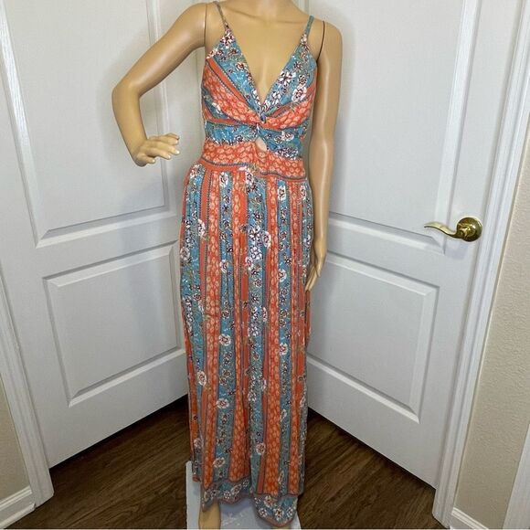 NWT Angie Boho Knot Front Floral Printed Maxi Dress Blue Orange Size Medium - Picture 2 of 14